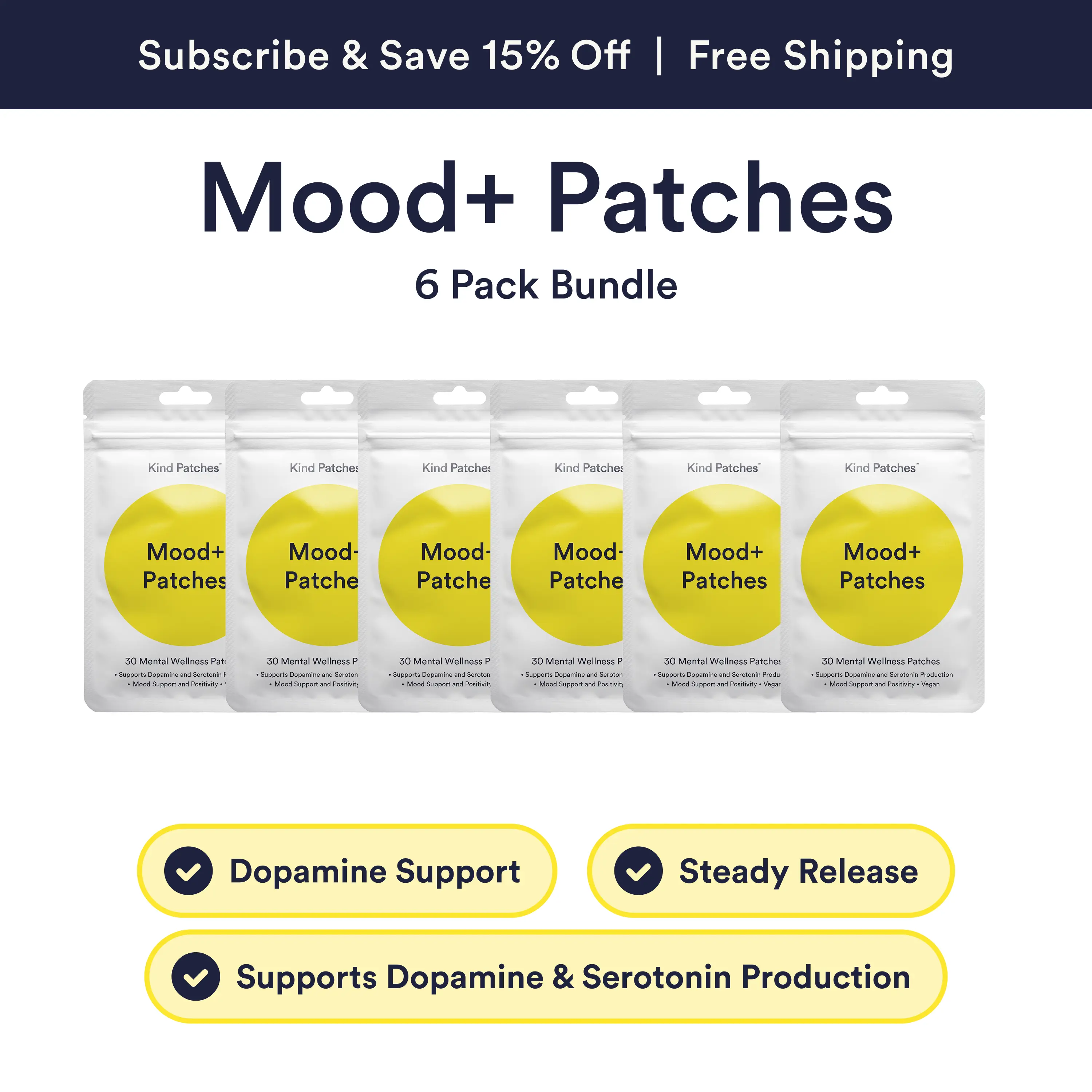 6 Packs of Kind Patches Mood+ Patches, Supports Dopamine and Serotonin Production, Mood Support, Vegan, 6 Months Supply
