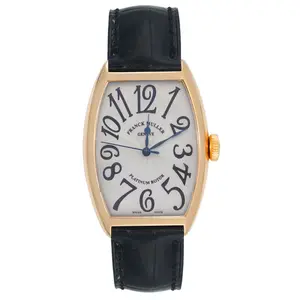 Franck Muller Cintree Curvex 5850 Automatic Platinum Rotor 18K Gold Silver Guilloche Dial Black Arabic Numerals Black Leather Strap Midsize Watch WHP042119