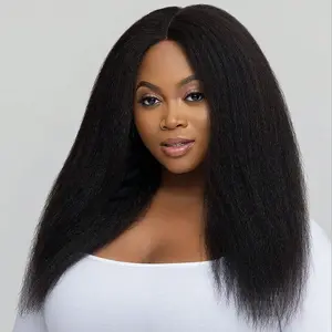 Ronashow 4x4 Pure Human Hair Kinky Straight Glueless Lace Closure Wig Pre-Cut Natural Color Breathable Comfortable Adjustable Strap Lace Frontal Wigs