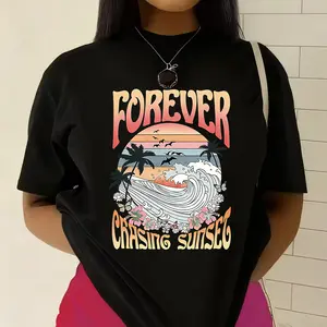 Forever Chasing Sunset' Retro Surf Print T-shirt Summer Vacation Style Casual Top