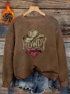 Women's Western Cowboy Howdy Pattern Print Sweater, Long Sleeve Round Neck Pullover, Soft Elastic Fabric, Casual Fall & Winter Top