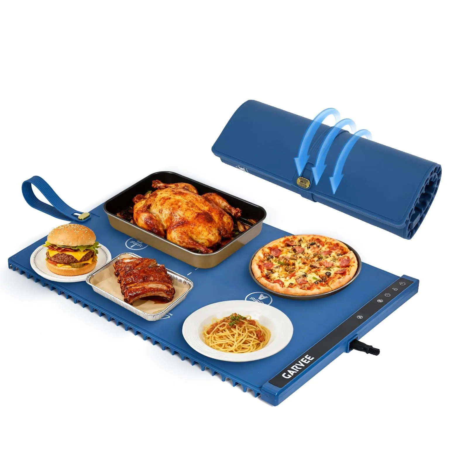 GAOMON Dual-Zone Silicone Heating Food Mat - 24"x15" Portable Waterproof Tableware Warmer, Rollable Full-Surface Pad with 6 Temp Settings, 3H Timer, Anti-Slip Heat-Insulated (Blue), Water Proof, Plug-In