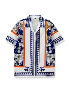 Printed Blouse, Blue Leaf Pattern, Classic Symmetrical Design, Beach Vacation Shirt, Tropical, Retro Style, Casual Fashion, Short Sleeve, Menswear, Top, Hawaiian Wear, Casual Wear Clothing