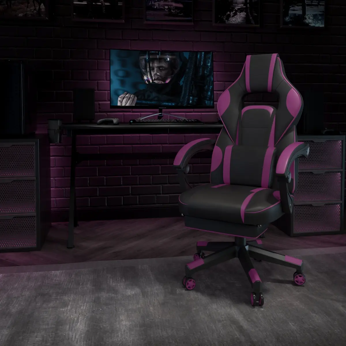 Flash Furniture CH-00288-PR-GG X40 Racing Ergonomic Computer Gaming Chair with Fully Reclining Back & Arms, Slide-Out Footrest & Massaging Lumbar, Black & Purple