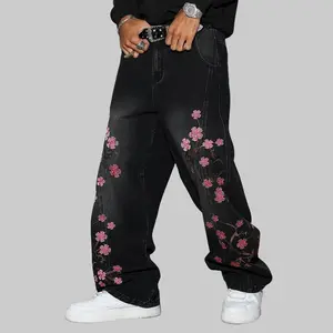 Men’s high-street streetwear heavyweight washed denim loose wide straight-leg pants with intricate cherry embroidery, American street style, Y2K vintage jeans—versatile for all seasons, suitable for everyday wear, going out, and parties.