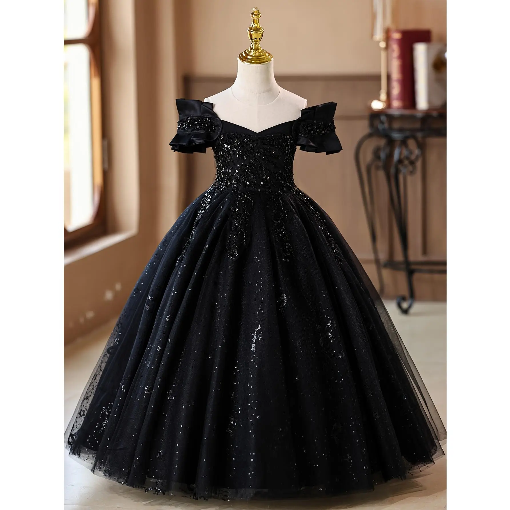 2026  New(New)Elegant girls dress long sleepveless non-stretch solid color princess dress with contrast sequin, little girls,, party