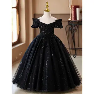 (New)Elegant girls summer dress long sleepveless non-stretch solid color princess dress with contrast sequin, for little girls, wedding, party