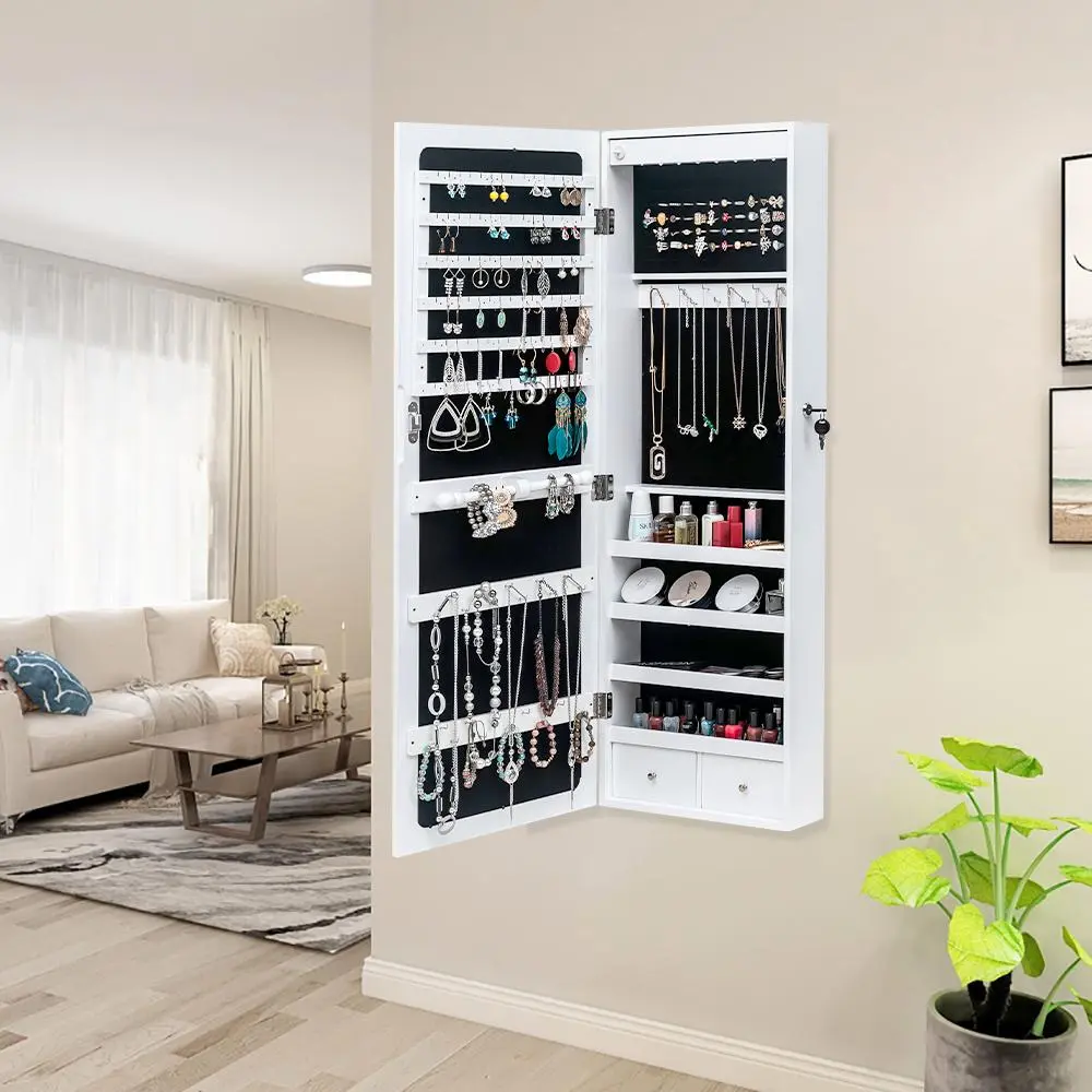 Non Full Mirror Wooden Wall Mounted 4-Layer Shelf, 2 Drawers, 8 Blue LED Lights, Jewelry Storage Mirror Cabinet - White Organizer Organizing Interior Unique Bedroom Furniture Organization