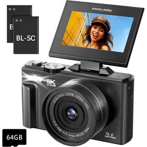 5K Digital Camera for Photography - 75MP Autofocus Vlogging Camera with 64GB SD Card, WiFi, 18X Zoom 3" 180? Flip Screen Compact Travel Camera with 2  for Teens and Beginner