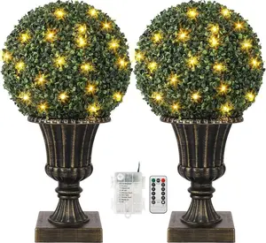 Gold 16” Artificial Plant Topiary Ball, Pre-Lit Artificial Topiary Plant with Lights, Timer and Remote Control, Artificial Outdoor Porch Trees with Light Base for Outdoor Indoor Room Decor Decorative Fruit