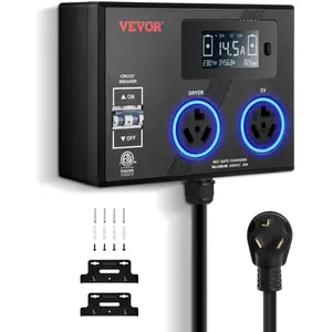 TikTokShopBlackFridayVEVOR NEMA Splitter for Dryer and EV, 3-Color LED Indicator, 240V Smart Power Distribution, with NEMA 10-30 Plug, Two NEMA 10-30 Outlets, 3.4 in LCD Screen, Max 24A Dryer EV, Tested to ETL Standard
