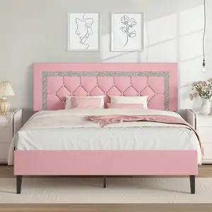 Twin/ Full/ Queen    Headboard, Modern Upholstered    Diamond Tufted Headboard, PU Leather  , No Box Spring Needed, Easy Assembly, White/ Black/ Pink Bed Frame with