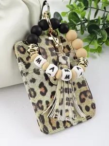 Mother's Day Gift Mama Beaded Keychain, PU Leather Wristlet Wallet with Tassel, Silicone Beads Bracelet Key Ring, Zipper Coin Purse for Mom