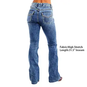 Flamingals Wash Stitch Decor Mid Rise Bootcut Jeans Comfortable Fit Versatile for Casual Outings