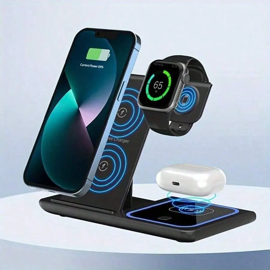 3-In-1 Wireless Charger Stand, Fast Charging Base, Compatible with iPhone Models, Universal Multi-Device Inductive Charge Solution, Multifunctional Charging Station, Charging Accessory