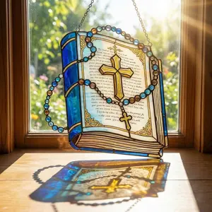 Open Bible with Golden Cross & Rosary Suncatcher, Christian Scripture Ornament, Religious Faith Gift, Catholic Prayer Decor, God's Word Art