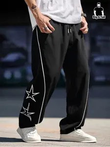 Men's Oversized Casual Fashion Pants with Star Embroidery, Comfortable Woven Sweatpants for Daily Wear, Trendy Street and Date, Embroidered