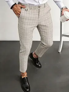 Men's Plaid Checked Slim-Fit Suit Pants, Button Fly Long Pants, Comfortable Wrinkle-Resistant Breathable Business Pants, Casual Commute & Vacation Wear