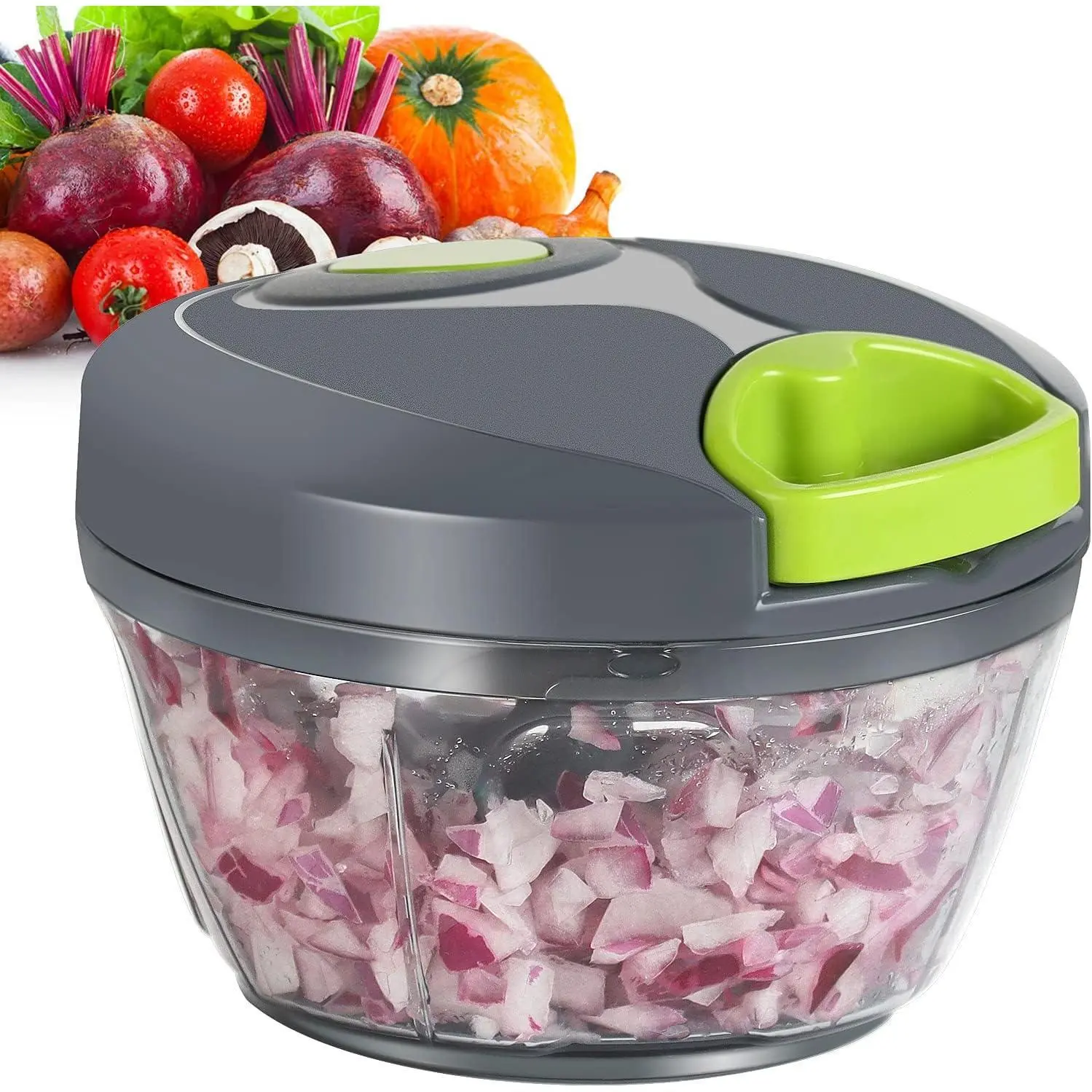 Manual Food Processor Chopping Tool - 2-Cup Grey Hand-Pulled Stainless Steel Blades, BPA-Free Vegetable Chopper, Garlic Mincer, Onion Cutter (No Need to Contact Blades) for Veggies, Ginger, Nuts