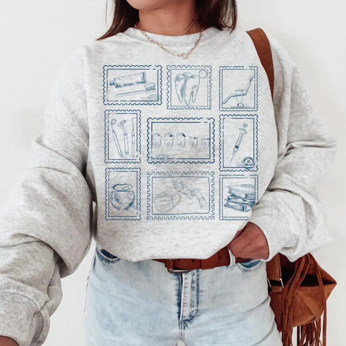 Dental Stamp Style Sweatshirt, Vintage Dentist Sweater, Retro Dental Hygienist Assistant Crewneck Shirt, Gift for Student, Teeth Icon Shirt