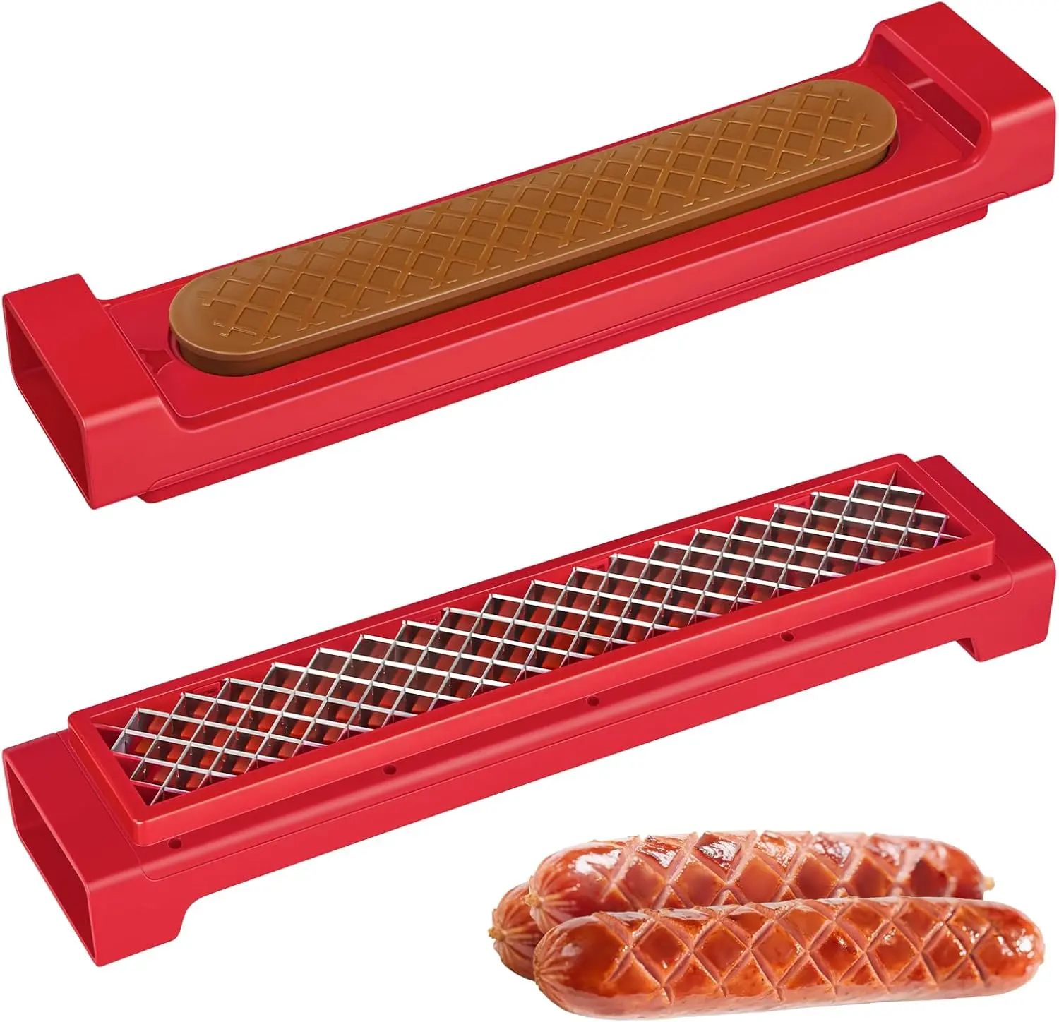 Food-Grade Stainless Steel Criss Cross Hot Dog Cutter - 1-Touch Release, Handle-Equipped Sausage Slicer Tool for BBQ, Grilling, Kitchen Use