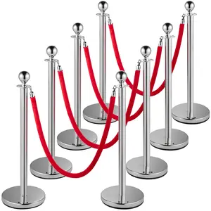Crowd Control Stanchion Set Of 8 With 5 Ft Red Velvet Rope, Silver Barrier Poles And Concrete Metal Base, Interlocking Stanchions For Event Queues, Easy Connect Assembly, Durable And Portable