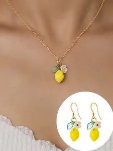 Women's Summer Lemon Necklace & Earrings Set, Fruit-Inspired Pendant Jewelry, Fresh Sweet Design, Suitable for Women