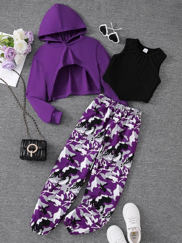 Three-Piece Set Girl's Plain Asymmetrical Hem Crop Hoodie & Crop Tank Top & Camo Print Elastic Waist Sweatpants Set, Casual Drop Shoulder Hooded Sweatshirt & Tank Top & Jogger Pants for Spring & Fall, Kids Clothes for Daily Wear, Grunge Girl Outfits