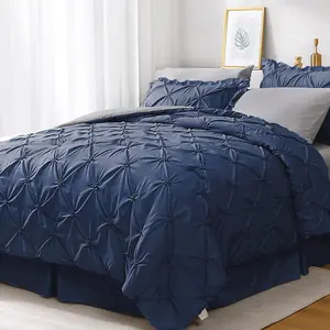 Navy Blue/Gray Full Size Comforter Sets 7, Pintuck a Bag Comforter for Bedroom, Comforter Sets with Comforter,,Ruffled Shams  Pillowcases