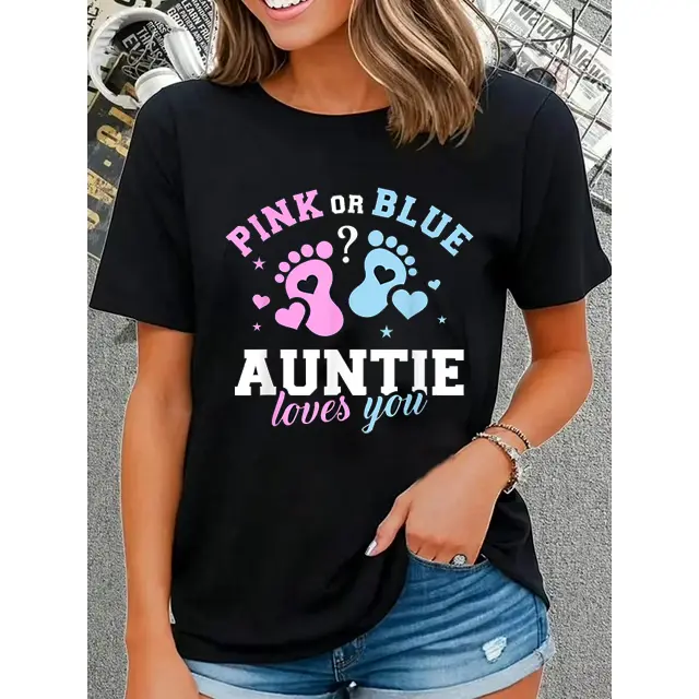 Women's 100% Cotton Short-Sleeve Graphic T-Shirt, Casual Everyday Lady Gender Reveal Auntie Top, Shortsleeve, Streetwear, Tshirt, Round Neck, Vintage