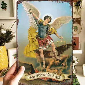 1pc Multicolor Vintage Metal Wall Art Plaque - Saint Michael Archangel Battling The Devil Scene, 30x20cm, Waterproof, Dustproof, High-Quality Craftsmanship, Religious Home Decor for Bedroom, Office, Symbol of Good Over Evil Victory