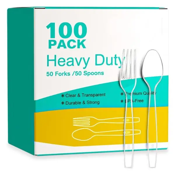 Disposable Heavy-Duty Plastic Silverware Set, 100-Count (50 Forks, 50 Spoons), Sturdy Disposable Tableware for Parties, Everyday Use