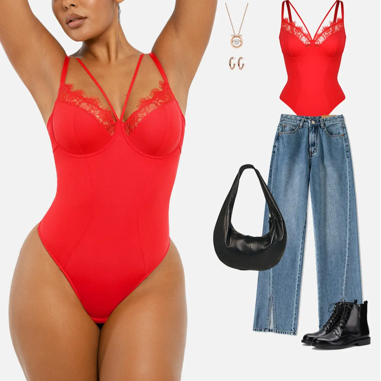 Shapellx Women One-Piece Lace-Trimmed Thong Bodysuit Abdomen-Shaping Underwear With Customizable Shoulder Bands And Rear Fasteners Womenswear