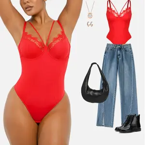 Shapellx Women One-Piece Lace-Trimmed Thong Bodysuit Abdomen-Shaping Underwear With Customizable Shoulder Bands And Rear Fasteners Womenswear