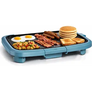 Electric Griddle 1200W, Nonstick Surface for Pancakes, Burgers, Eggs & More, Removable Temperature Control, Slide-Out Drip Tray, 10" x 16" Cooking Area, Slate Blue