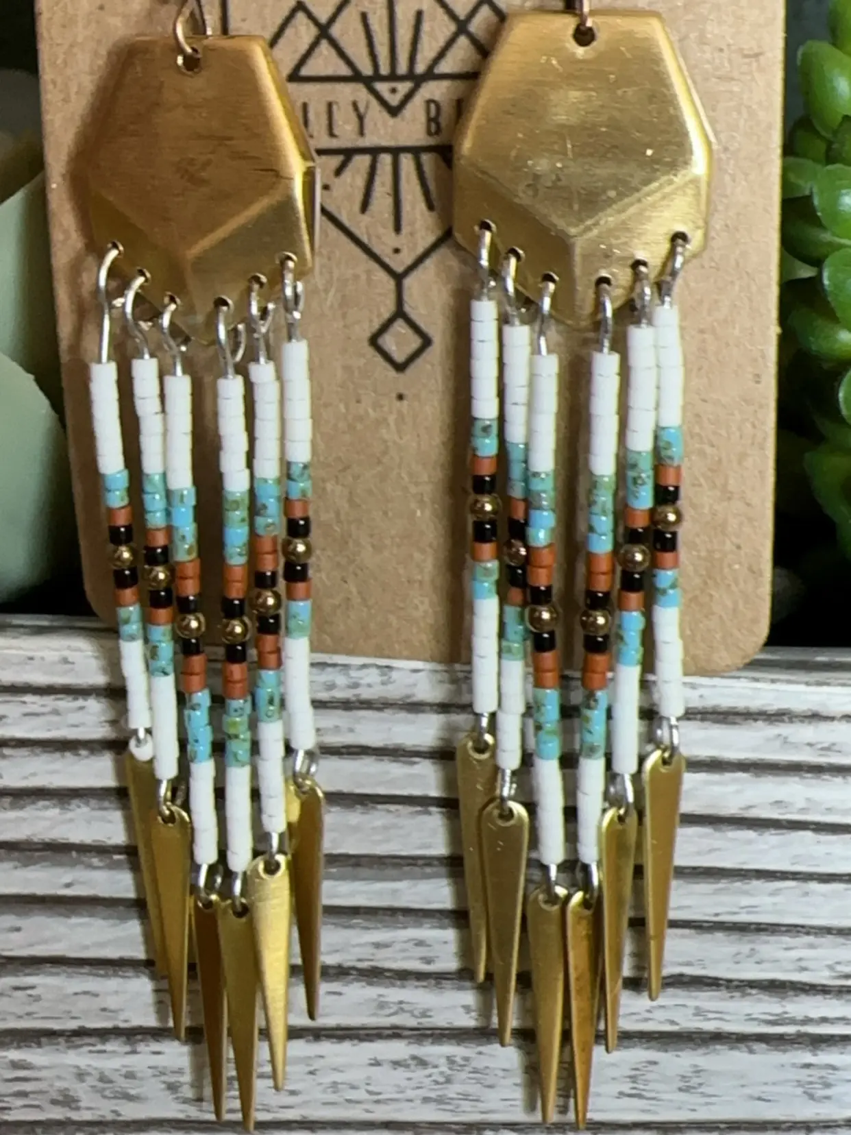 Navajo Inspired Genuine Stone, Turquoise, Hematite, Black Onyx Delica Bead Raw Brass Earrings