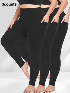 【Plus Size】 Solid Side Pocket Stretchy Soft Leggings, Casual Comfy Breathable Skinny Pants for Daily Wear, Women's Bottoms for All Seasons