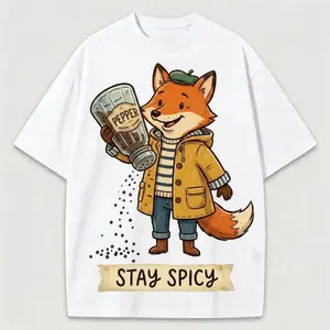100% Cotton "Stay Spicy" Casual Fox T-shirt, Streetwear Graphic Tee with Retro Pepper Fox Illustration Puerto Rico Football Fan Vintage Gengar Ghost Anime Alice In Chains Halter Open Back Impact Sports Bra