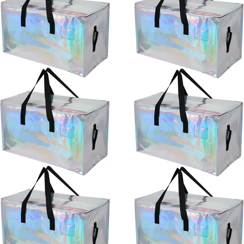 STOWM 6-Pack Sturdy Classic Printed Extra-Large Zip Storage Bags Set, Collapsible Home Organiser Totes with Handles, Waterproof Bags for Home and Office (Laser Silver)