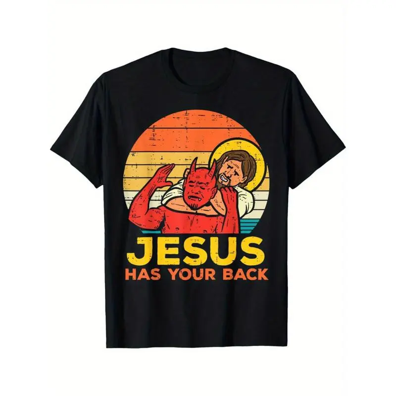 100% Cotton  Jesus Has Your Back Jiu Jitsu Retro Christian Men T-Shirt Selected pure cotton interesting design DIY short sleeve t-shirt for men, soft and breathable