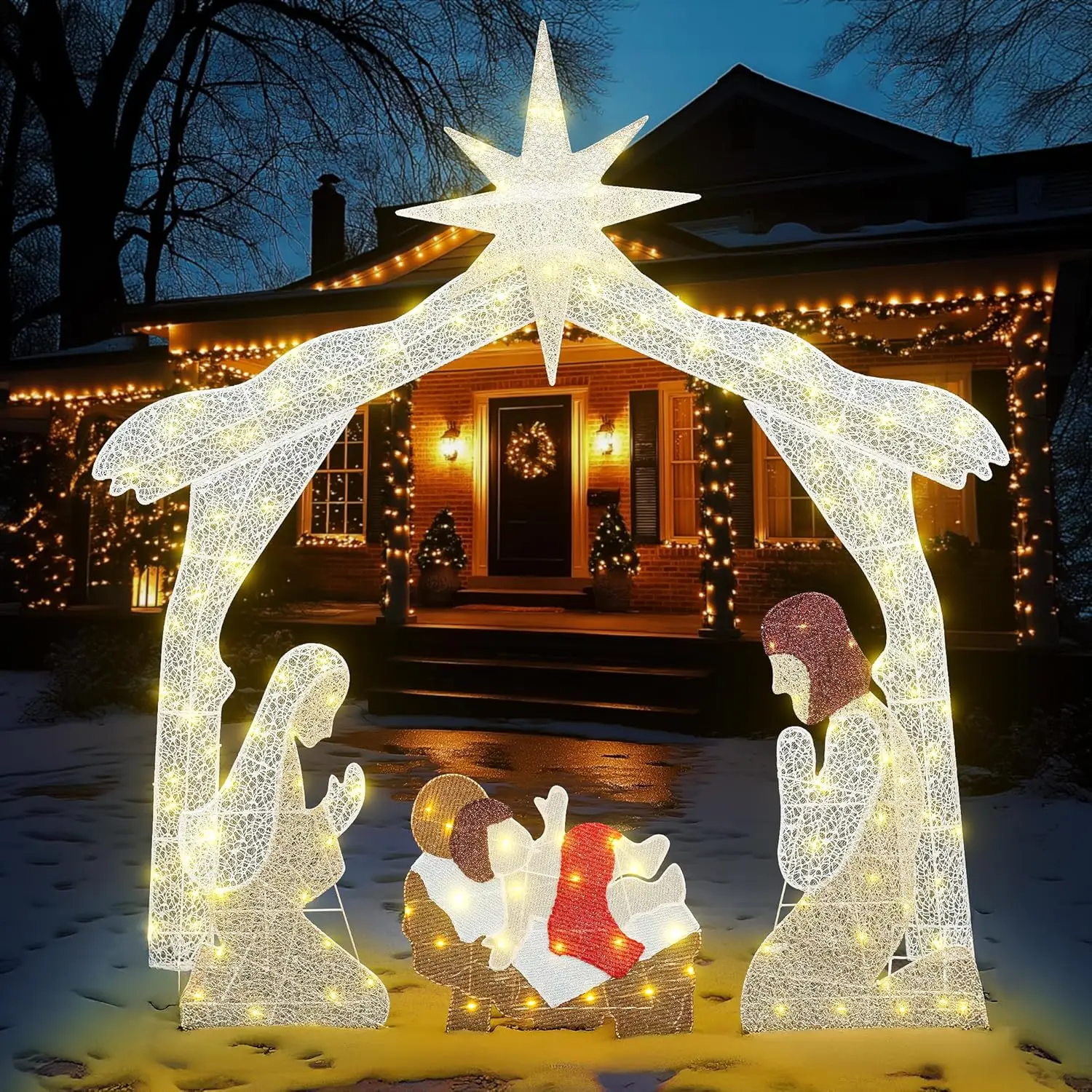 DKLGG Lighted Christmas Set Outdoor, 6Ft Holy Family Jesus Outside Scenes Set w/240 Warm Led, Christmas Decorations Outdoor Scene Ornaments Star Steel