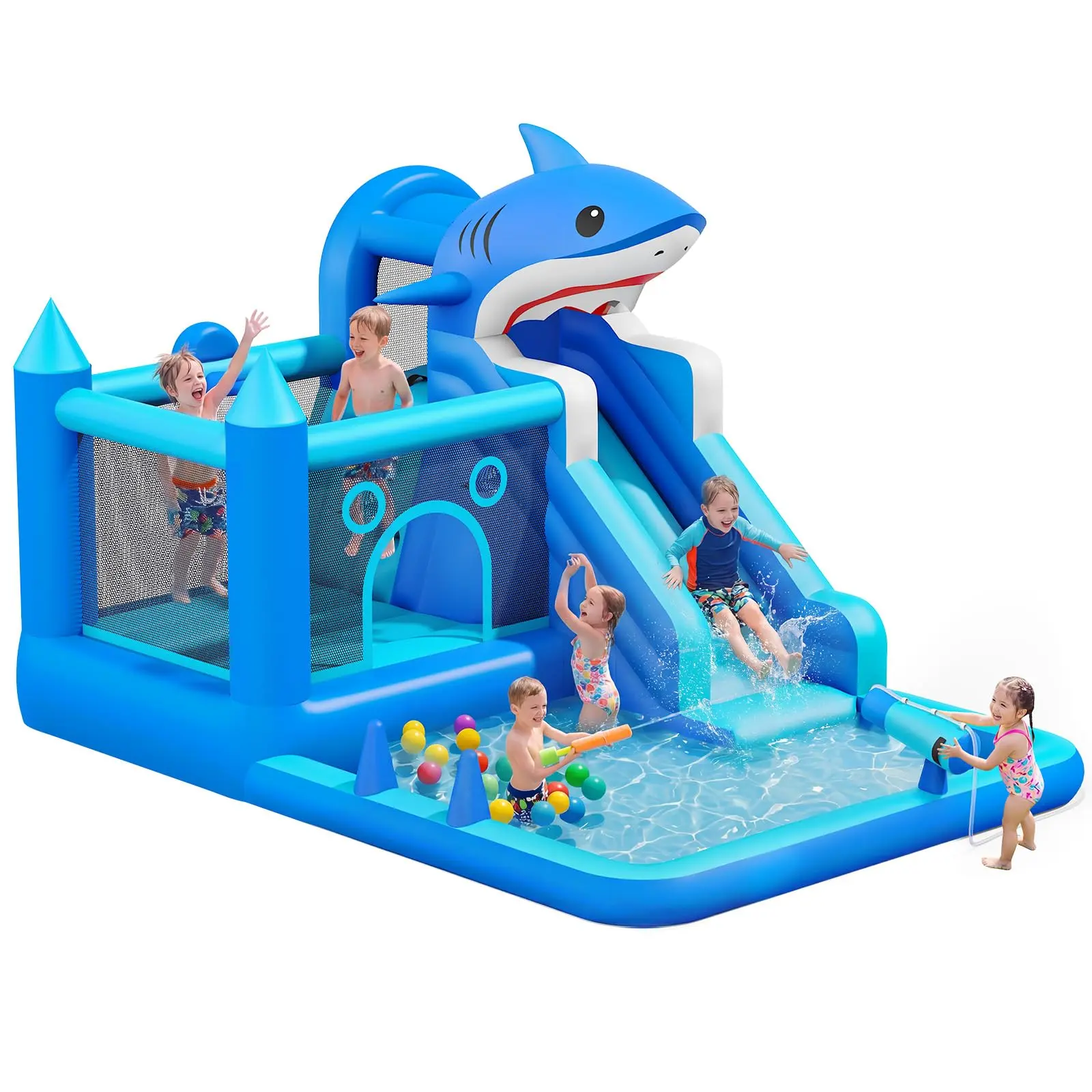 Inflatable Bounce House with Water Slide, Shark Bounce Castle with Blower, Climbing Wall, Trampoline, Water Gun, Splash Pool, Basketball Hoop, Bounce Water Park for Kids Indoor Outdoor