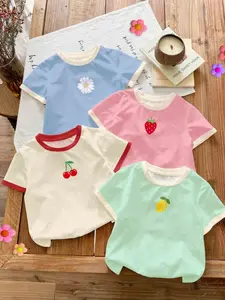 4-piece set of girls' round neck printed short sleeved base top, Graphic tee, slim fitting, comfortable and versatile, casual daily wear, spring, summer, machine washable and dry cleanable, can be worn inside or outside, girls' clothing