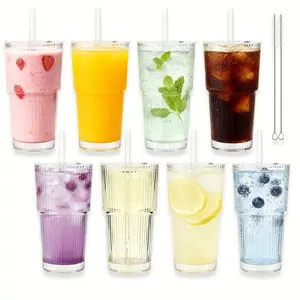 8PCS Glass Tumblers 20oz Grooved Ribbed Glass Cups with Lids & Straws, Perfect for Iced Coffee Drinks, Cute Boho Style Glasses, Sweet Surprise Gift, Leak-Proof for Travel & Picnic