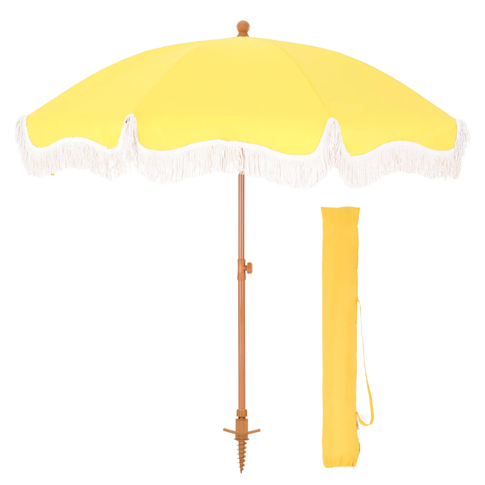 PHIVILLA 7ft Patio Umbrellas with Fringe, Outdoor Tilt Beach Umbrella Portable for Sand, UPF 50+ Canopy with 8 High Wind Proof Fiberglass Ribs and Carry Bag, Sunset Yellow