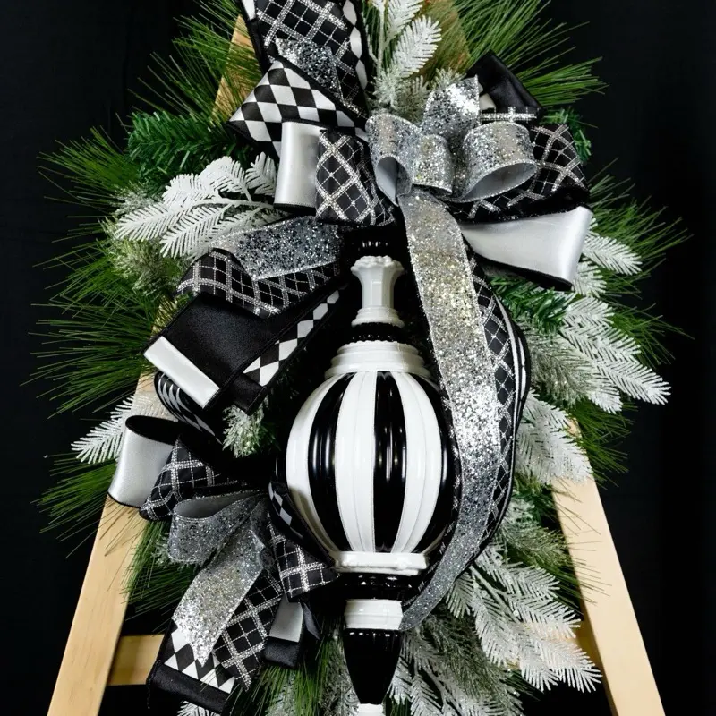Midnight Glam Swag - Black and White Christmas Wreath with Silver Accents and Decorative Ornaments