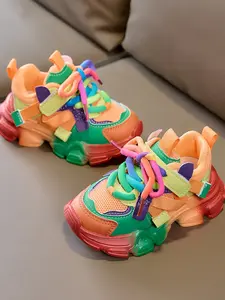 Rainbow Colorblock Dad Shoes, Gradient Thick Sole Breathable Mesh Sneakers, Unisex Kids Casual Sports Shoes