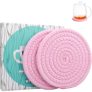 4.8" Sakura Pink Cotton Coasters for Drinks Set of 2 Soft Absorbent Fabric Drink Pads for Coffee Cups Boho Pastel Mug Mats for Desk Nightstand Dorm & Home Decor Minimalist Gift-Ready