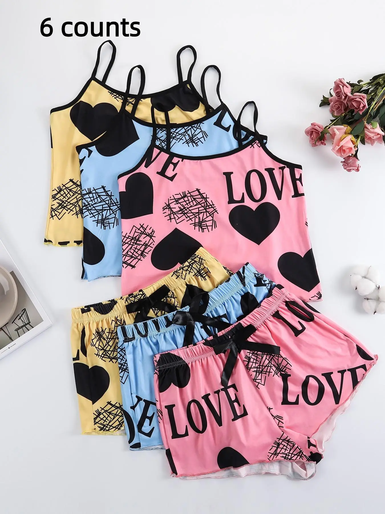 2 Pieces/ 6 Pieces Women's Heart & Letter Print Lettuce Trim Pyjama Set, Casual Spaghetti Strap Cami Top & Bow Decor Shorts, Summer Sleepwear Loungew