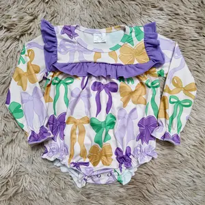Long sleeves ruffle yellow green purple bows Mardi Gras bubble baby girls romper